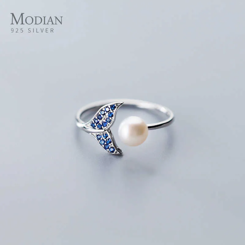 Niebieski Kryształ Mermaid Ogon Elegancka Pearl Open Regulowany Pierścień Dla Kobiet Prawdziwe 925 Sterling Silver Animal Fine Jewelry 210707
