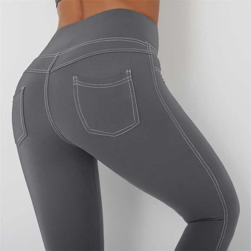 Leggings delle donne tasca tasca senza cuciture Leggings del fitness a vita alta push up Pantaloni da palestra Elasticità dell'allenamento femminile imitare il cowboy 211108