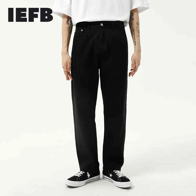 IEFB Erkek Giyim Bahar Siyah Ve Beyaz Temel Basit Kot Erkek Ince Moda Düz Pamuk Pantolon Erkek Gevşek Y5062 210524