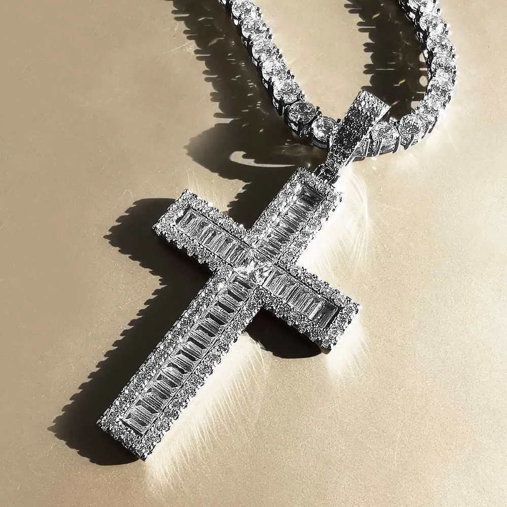 Bling Cross Pendant Necklaces For Men Women Gifts 2 Colors Geometric Zircon Necklaces Hip Hop Jewelry X0707