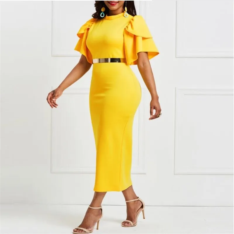 Elegant Dress Women For Wedding Party Wear Bodycon Ankle Length Solid Puff Sleeve Evening Night Dinner Vestidos Mujer 210510287Y