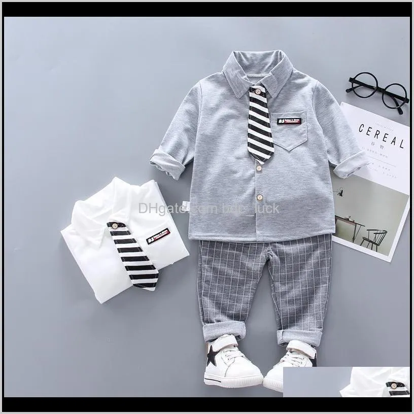 Baby, Kids & Maternity Clothing Sets White Grey Shirt+Plaid Pants 2Pcs Infant Toddle Suitskids Outwears With Tie Baby Boys Clothes Drop Deli