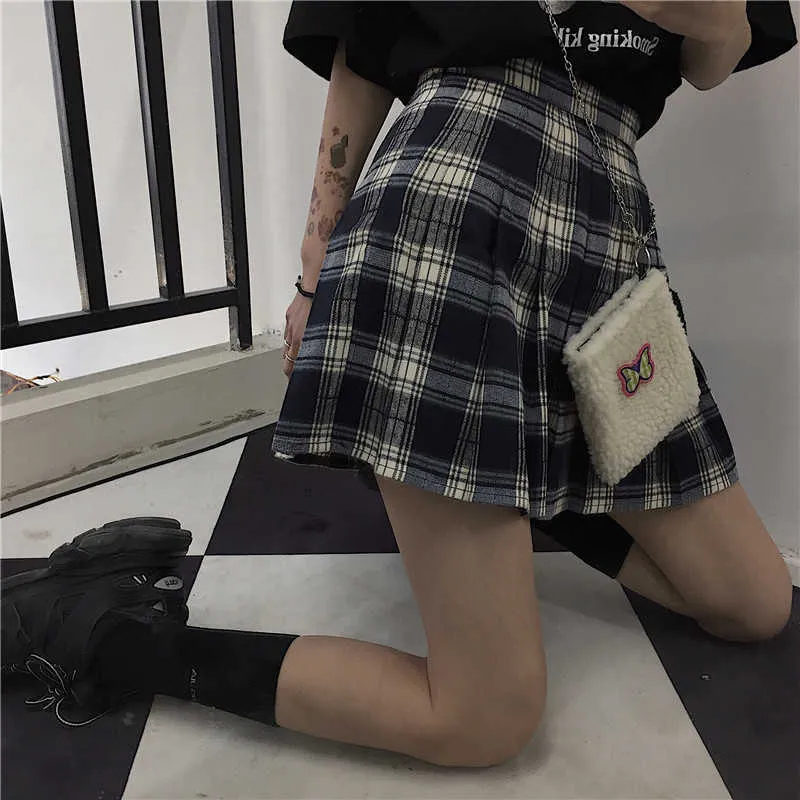 Japansk Casual Stor Storlek Plaid Fun Vintage Harajuku Fashion Streetwear A-Line Girls 'College Hip Hop Ins High Waist Kjol 210608