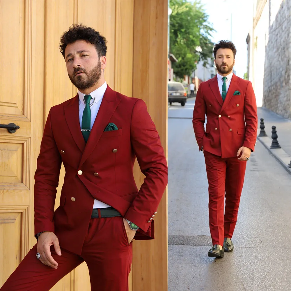 Two-Pieces Business Casual Red Tuxedos Double Breasted Custom Made Slim Suit Fit Groom Party Coat Tailored Work Wear