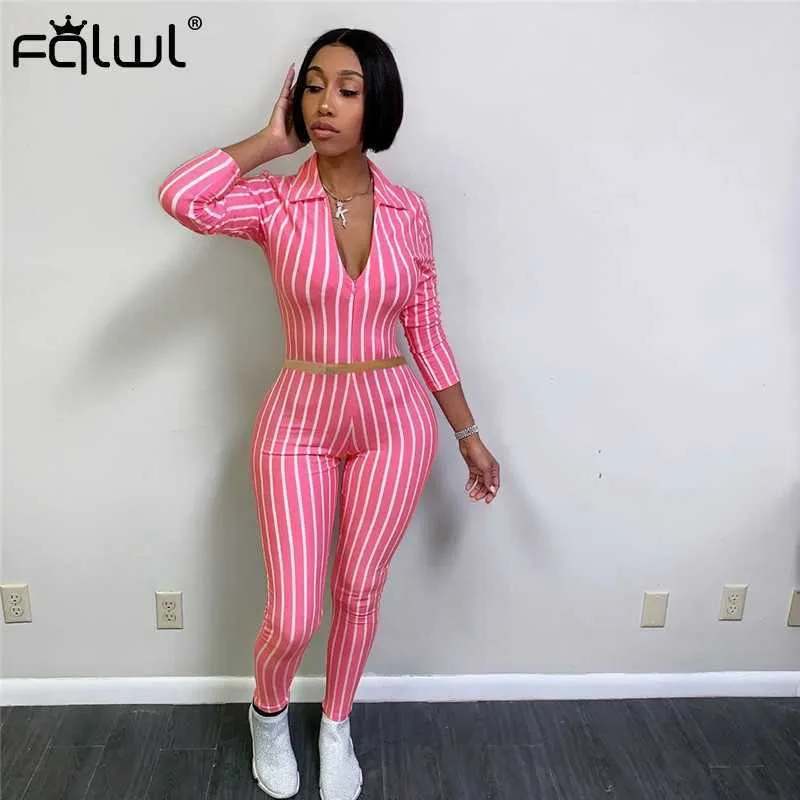 FQLWL Striped Print Pink Two 2 Piece Set Kvinnor Outfits Långärmad jacka Bodycon Pants Kvinnor Matchande Sats Streetwear Tracksuit Y0625