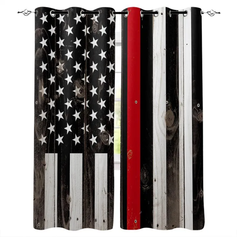 Red Line American Flag Wood Grain Windows Curtains Living Room Bedroom Kitchen For Children Drapes Window Treatments Curtain &