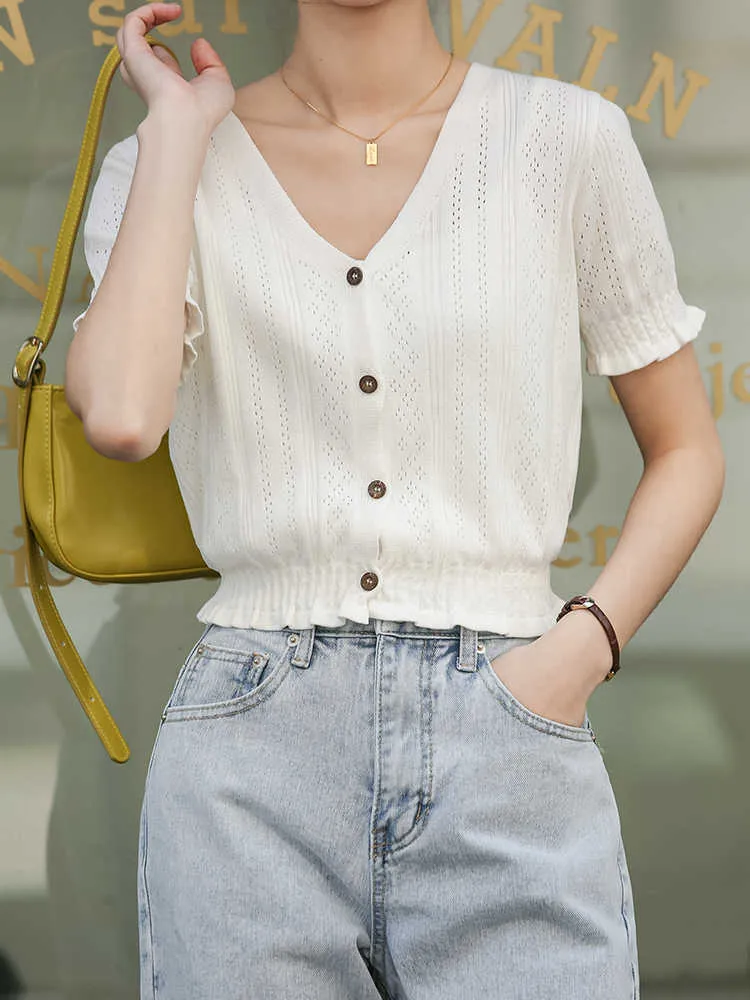 Heliar Kobiety Dzianiny Koszulki V-Neck Button Up Tees Krótki Rękaw Casual Crop Topy Dla Kobiet 2021 Lato Koszulki Y0629