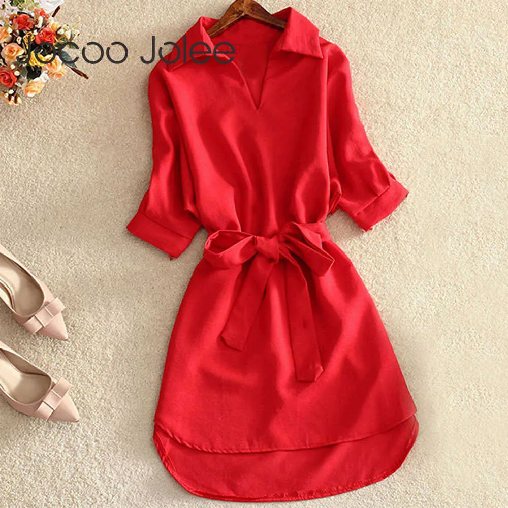 Jocoo Jolee Women Shirts Women Summer Casual Office Lady Solid Chiffon Dress Sashes Tunic Streetwear Plus Size Vestidos 210619