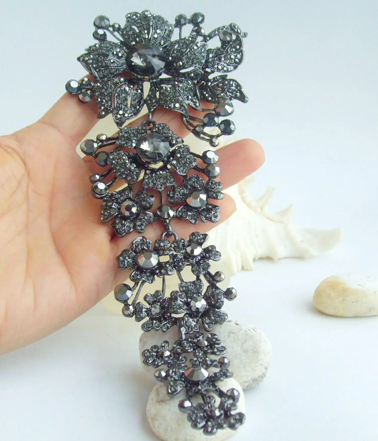 7 Inch Black-tone Black Gray Rhinestone Crystal Orchid Flower Brooch Pin Pendant EE04704C6