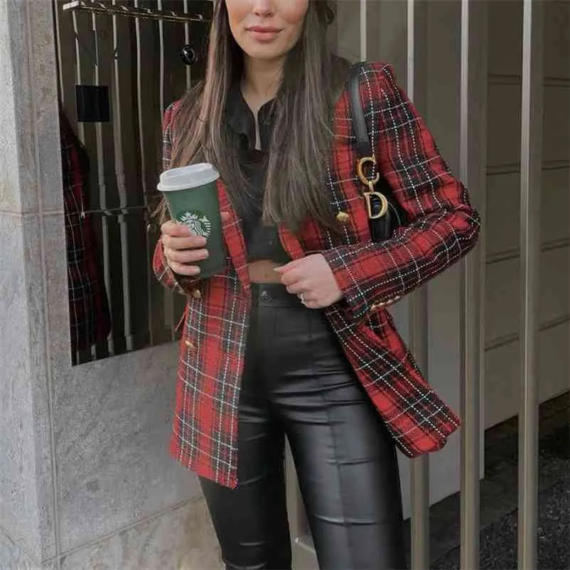 Elegant Red Plaid Tweed Blazer Women's Autumn Fashion Jacket, Shop Now!
