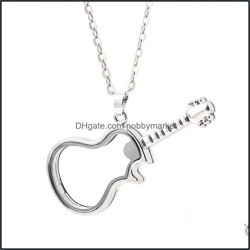 Fashion Music guitar Living Memory Magnetic locket 4 color floating Instrum Glass lockets pendant charms Fit necklace Jewelry