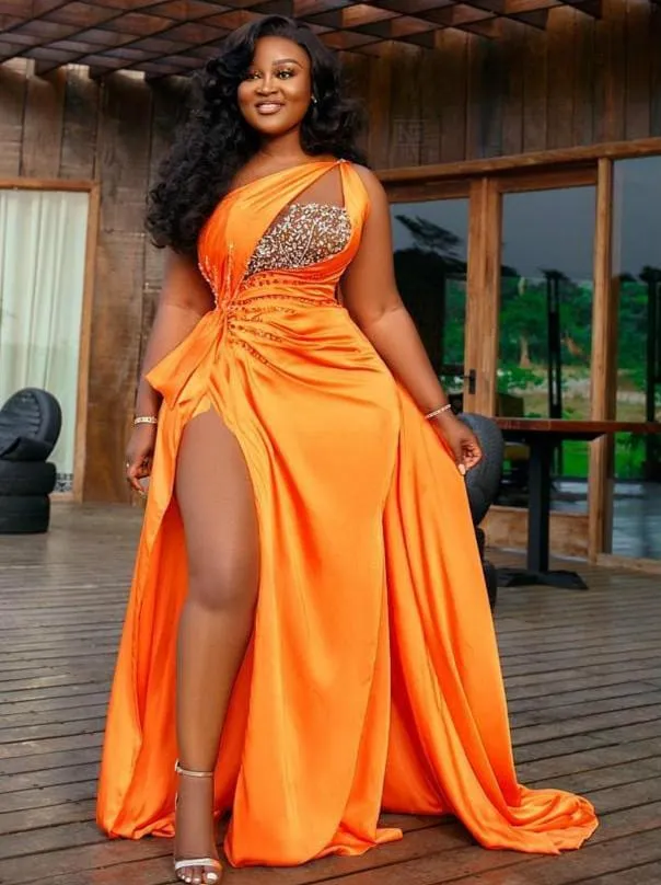 Aso Ebi Orange Beaded Crystals Evening Dresses with ribbon High Split Arabic 2021 african plus size one shoulder prom gown robe