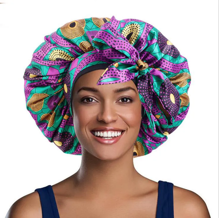 Extra stort afrikanskt mönster Utskrift Satin Bonnet Kvinnor Natt Sömn Keps Justerbart Bredt Band Elastiskt Head Wrap Hair