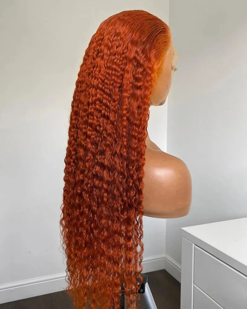 Pelucas de cabello humano con frente de encaje 13x4 rizado de color naranja jengibre de 28 y 30 pulgadas peluca sintética de onda profunda 180 para mujeres negras 7113730