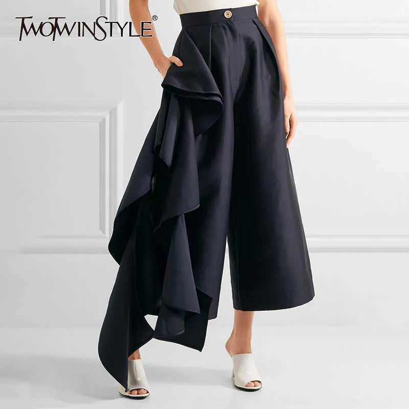 Twotwinstyle Ruffles Patchwork Spodnie Dla Kobiet Wysoka Talia Duży Rozmiar Spodnie Nogi Kobiet 2020 Wiosna Moda Ol Odzież Q0802