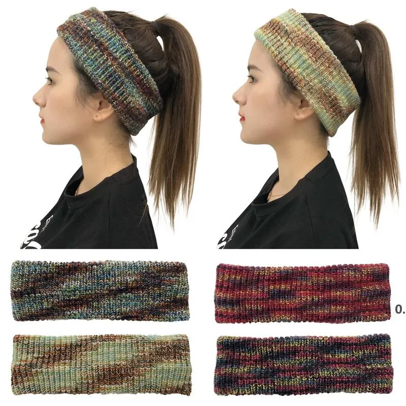 Dames automne hiver Mohair queue de cheval couleur cravate-teinture bandeau vide haut oreille Protection front chaud tricoté laine chapeau RRB11746