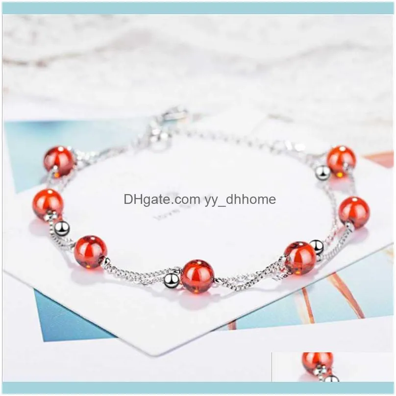 Link, Chain Korean Version Of The Small  Fashion Double Garnet Temperament Red Crystal Silver Plated Bracelets JO004