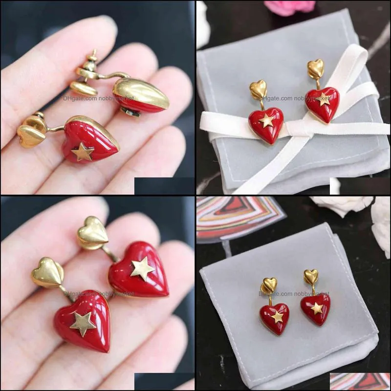 trendy luxury jewelry 1:1 red heart earrings for women gold stud ear accessories vintage star earring for lady decoration 210323