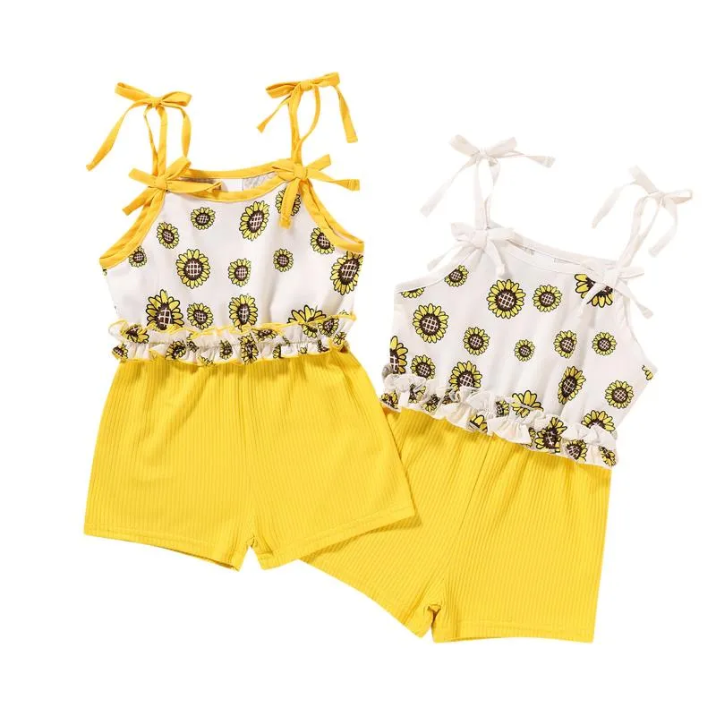 6m-24m Toddler Kids Bodysuit Baby Girls Rompers Clothes Ruffle Bowknot Sunflower Floral Suspender Romper Baby's Clothing Jumpsuits