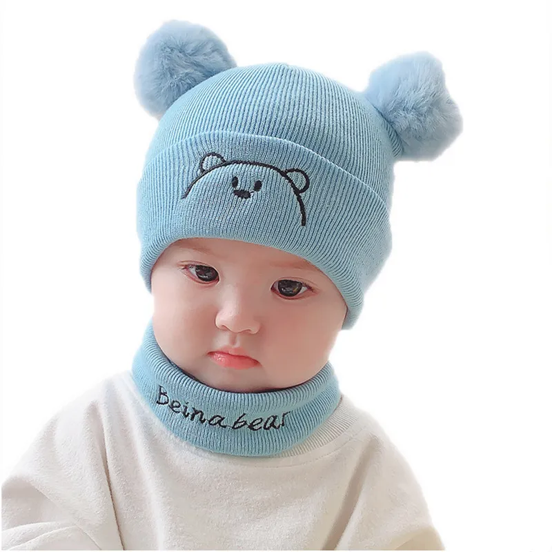 Baby Scarf Cap Set Cute Bear Pattern 2 Hairball Beanies Caps Winter Stay Warm Knitted Scarf Toddler Anti Cold Suit 9 5fk L2