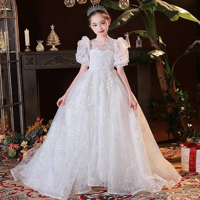 Puffy Girls Dress 3d Flower v Neck Long Train Детские подростки. Платье платья по случаю дня рождения для свадебного хвоста 403