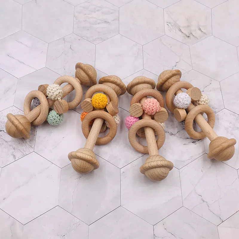 DIY Wooden baby teething Pacifier Holders Infant creative early education Exercise Grasp wood rattle beech toy newborn Silicone teethers D256