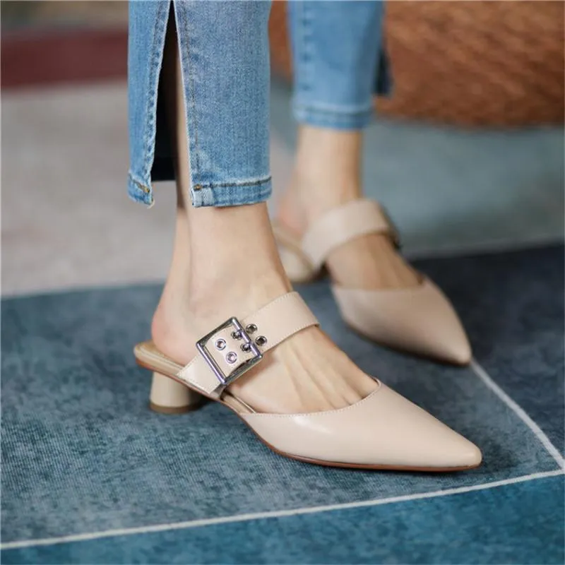 Terlik pxelena ünlü moda kadınlar gerçek deri katırlar sivri uçlu yuvarlak topuklu 2021 yaz slaytları parti tarih ayakkabıları