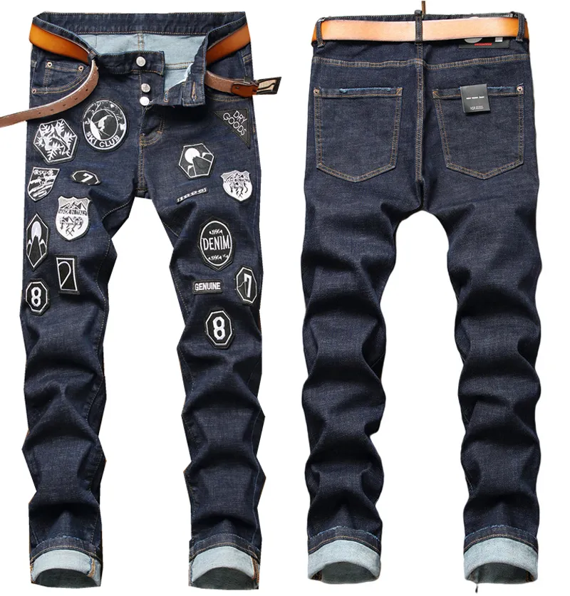 Mens Slim Fit Black Washed Motocycle Denim Pants With Badge Rips ...