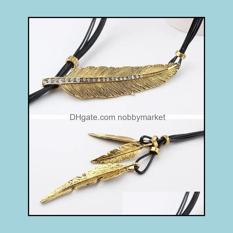 New Arrivals Fashion Rope Chain Feather Pattern Pendant Necklaces Bohemian Style Black statement necklace Jewelry For women Sweater