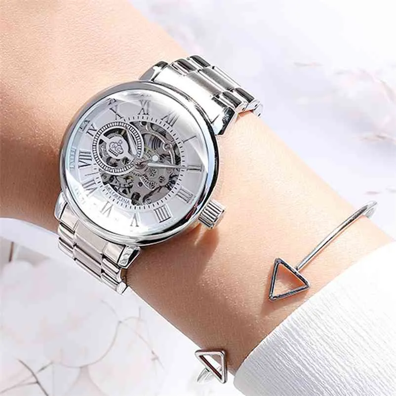 Mode Luxus Marke Skeleton Frauen Mechanische Uhr Weibliche Uhr Automatische Mechanische Uhren Für Frauen Silber Montre Femme 210720