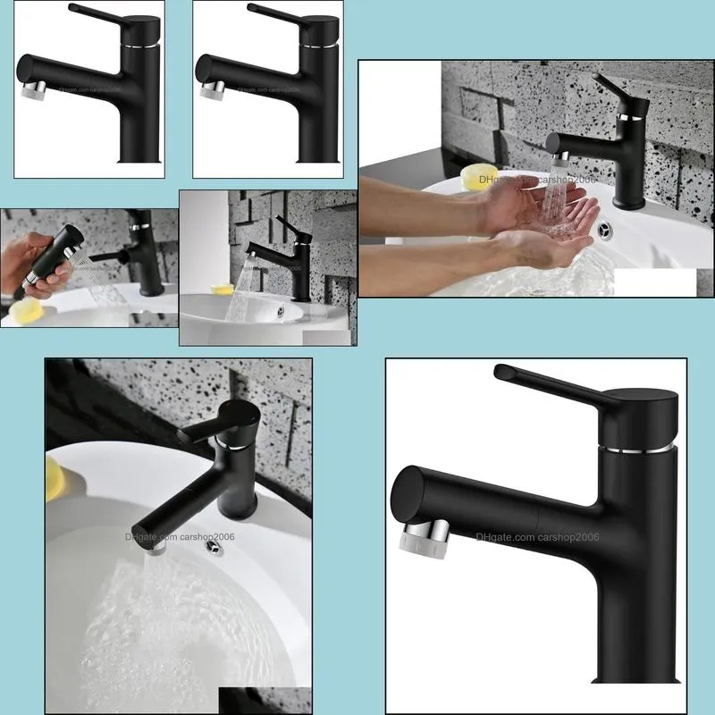 Bathroom Sink Faucets Brass Material Black Basin Faucet Cold And Water Tap Pull Out Modern