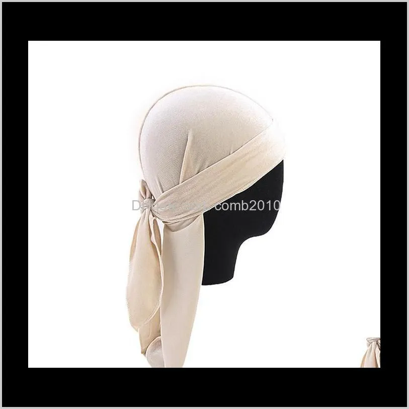 velvet durag men`s turban cap 12 colors women headwear breathable hip hop long tail hair accessories styling tool 50pcs