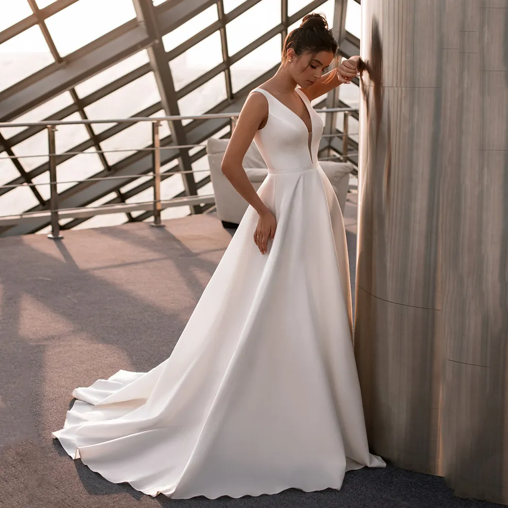 2021 Satin Deep V Wedding Dress - Sleeveless V-Neck A-Line Back with Criss-Cross Detail - and Simple Bridal Gown