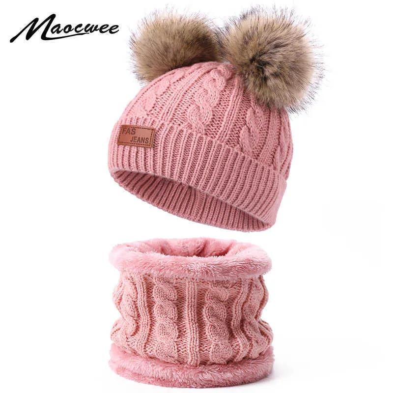 Cute Hat Sjaal Set Muts Cap Children's Hoeden Meisjes Fake Ball Pompon Twist Pluche Houd Warm Winter Gebreide Skullies Kids Bot