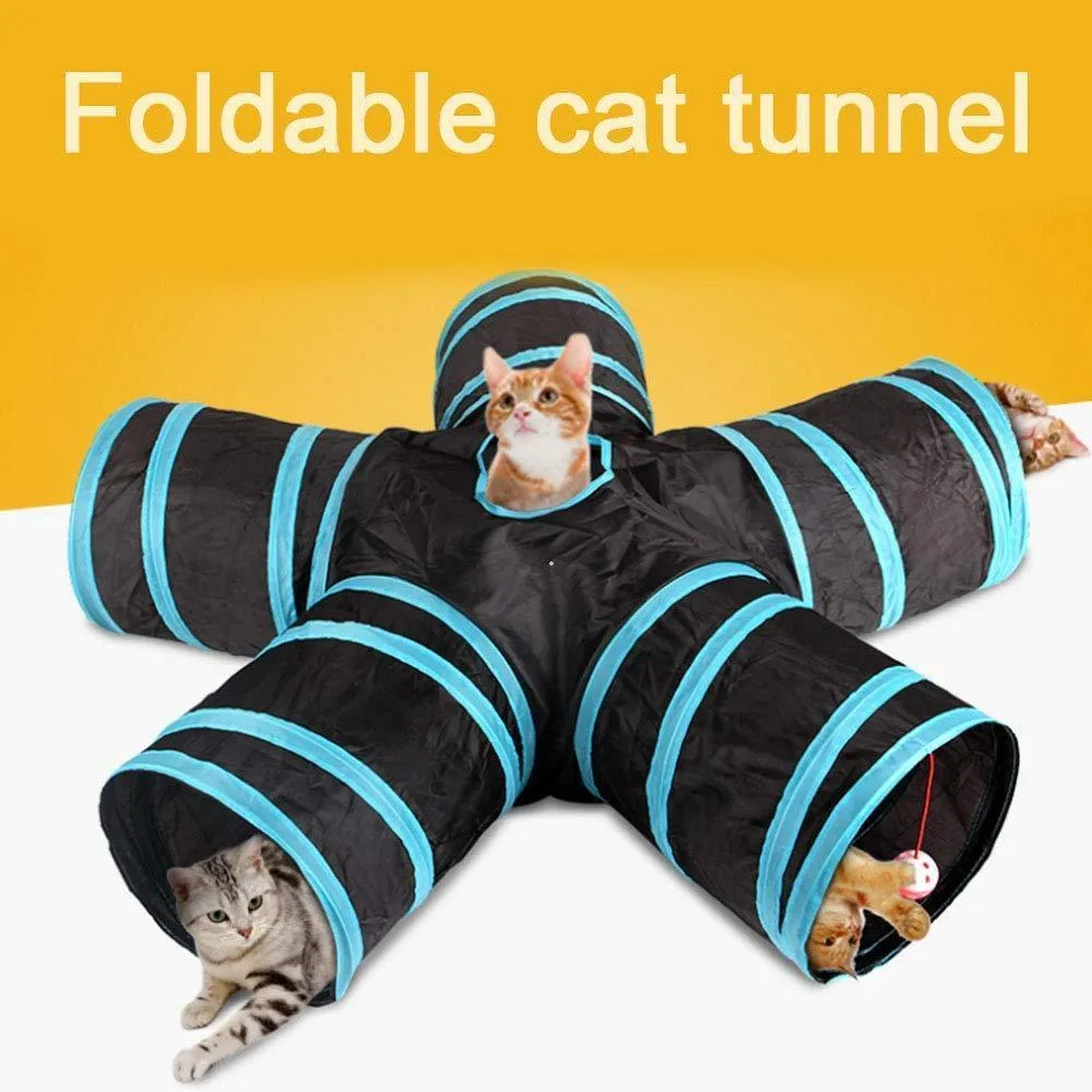 Cat Tunnel, 5-Way Foldbar Pet Toy Tunnel -, Katt och Dog Game Pipe-Black Blue