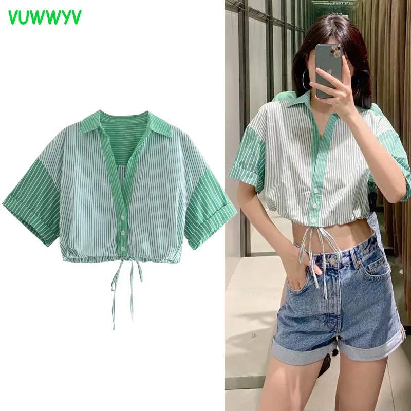 VUWWYV Green Contrast Striped Poplin Shirts Women Summer Short Sleeve Button Up Woman Shirt Casual Elastic Hem Crop Tops 210430