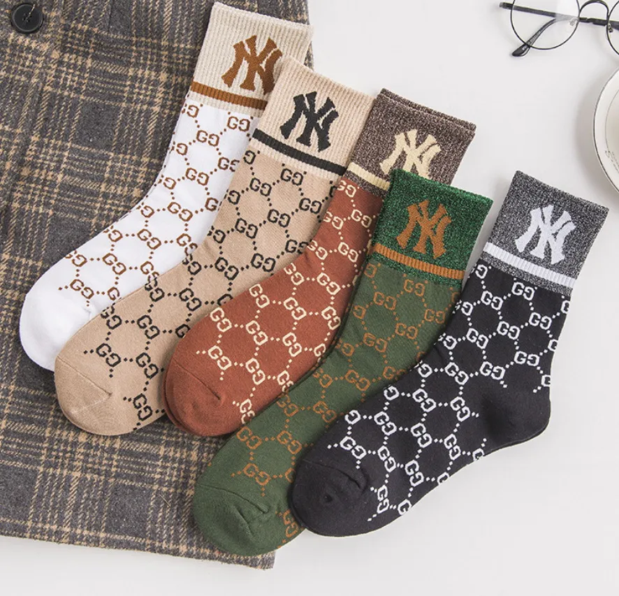 Hommes femmes chaussettes cinq paires maille lettre imprimé broderie coton homme basket-ball chaussette