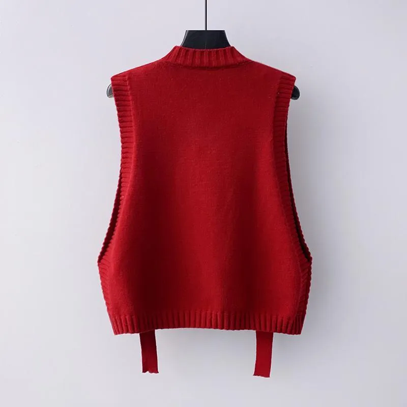 Женские куртки жилет весна наружный износ вязаный 2021 сплошной цвет простой вязаный свитер красный модный о шею