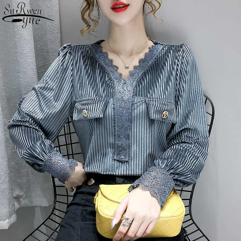 Bahar Moda V Yaka Uzun Kollu kadın Gömlek Dantel Bluz Ekleme Ofis Bayan Gömlek Altın Kadife Alt Giysileri 12057 210527