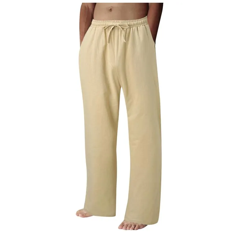 Erkek Pantolon Yaz Rahat Dantel-up Cepler Katı Renk Pamuk Pantolon Streetwear Gevşek Temel Elastik Bel Vintage Uzun