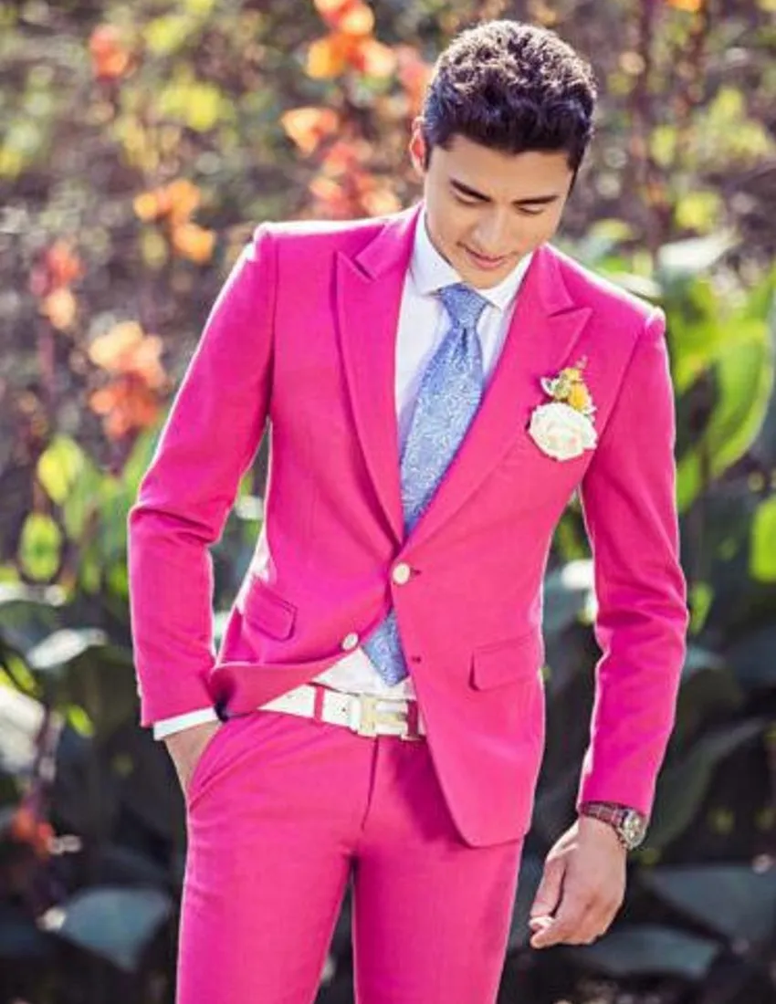 Rose Red Peak Lapel Groom Tuxedo Slim Fit Pink Dress For Wedding For