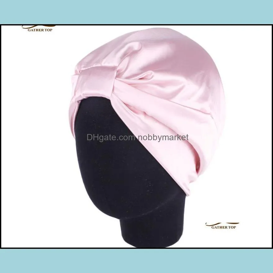 Stain Silk Bonnet Sleeping Cap Set Turban Elastic Wide Band Satin Bonnet Knotted Hair Loss Cap Night Sleep Hat Head Cover for Long