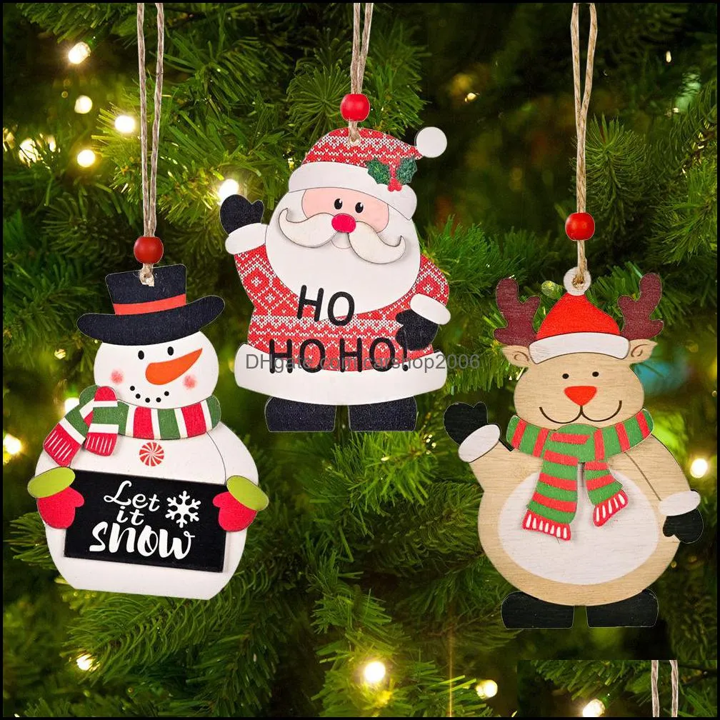 Christmas Tree Decorations Wooden Santa Snowman Reindeer Hanging Ornaments Gift Tags Holiday Party Favors KDJK2110