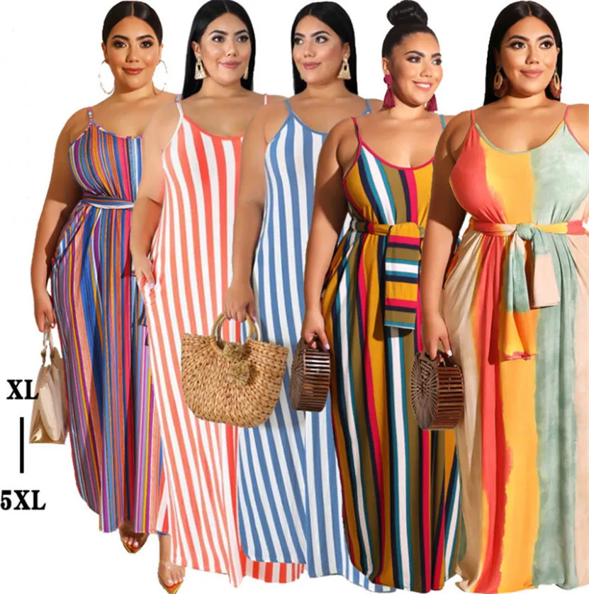 Kobiety Plus Size Maxi Dresses 3XL 4XL 5XL Spódnice Bez rękawów Bodycon Sukienka Sexy Letnia Odzież Loose Striped Long Spódnica Casual Bandain Odzież 5354