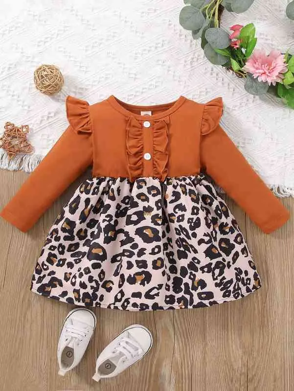 Baby Leopard Print Ruffle Trim Single Breasted Dress She