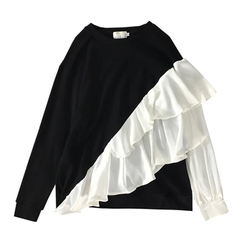 Kvinnor Höst Spring Crew Neck Svart Vit Ruffle Asymmetriska Sweathirts Pullovers Casual H0102 210514