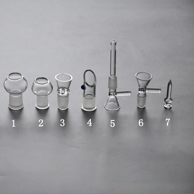 7 Styles Smoking Glass Drop Down Adaptrar för vattenpipor Water Bong Adapter Hane/Kvinna Med 14 mm 18 mm Bubbler Ash Catcher Smoke Accessories