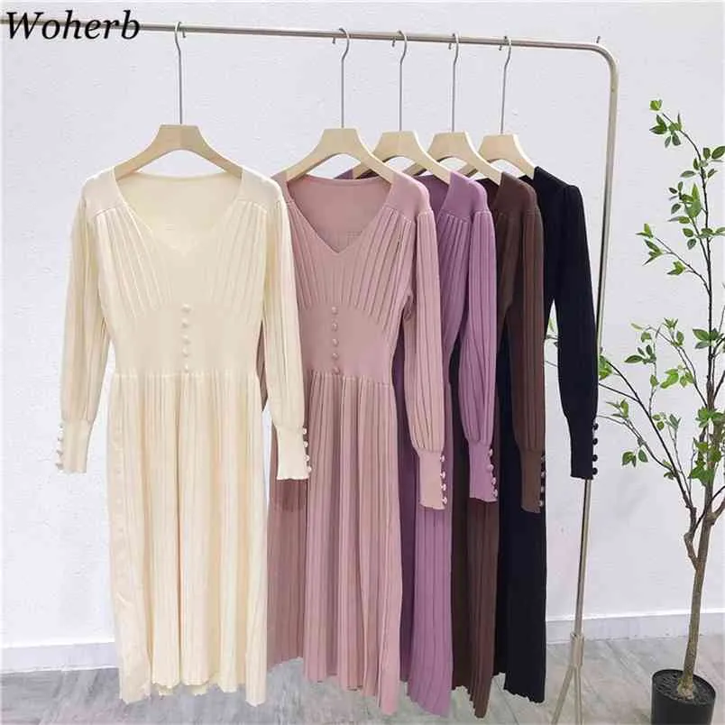 Vintage Plised Sukienka Kobiety Spadek Ubrania Długa Szata V-Neck Slim Dzianiny Sweter Sukienek Wysoka Talia Elegancka kobieta Vestidos 210519