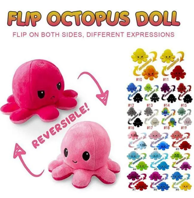 DHL Tiktok Reversible Flip Octopus Stuffed Plush Toys For Children Cute Angry Smile Emotion Reversable Animal Plush Doll Kids Gift