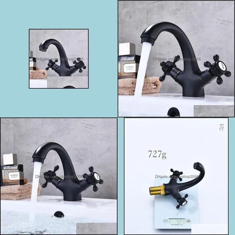 Bathroom Sink Faucets Deck Mount Two Handles Basin Faucet Black Mixer Tap And Cold Water